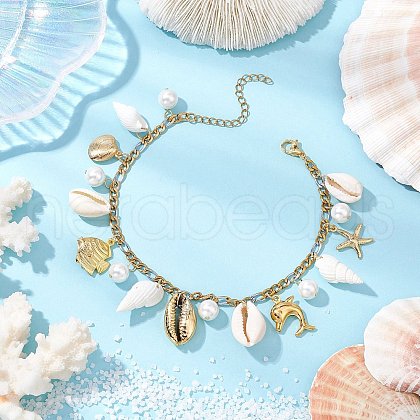 Natural Cowrie Shell & Brass Dolphin Starfish Charm Anklets AJEW-AN00650-1