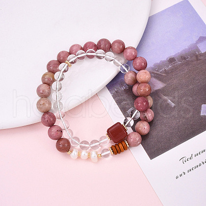 Round Natural Fresh Water Pearl & Red Agate Rhodonite & Quartz Crystal Beaded  Wrap Bracelets for Men Women BJEW-T022-07-1