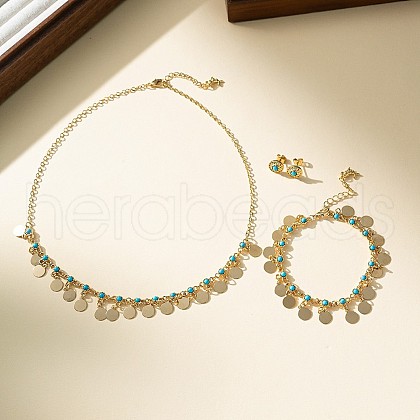 Flat Round Alloy & Synthetic Turquoise Pendant Necklaces & Bracelets Sets FS-WG9B54E-01-1