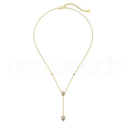 925 Sterling Silver Pave Clear Cubic Zirconia Cable Chain Teardrop Tassel Pendant Necklaces for Women NJEW-Q342-08G-1