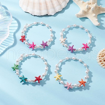 Starfish Synthetical Turquoise with Round Shell Pearl Beads and Glass Beaded Stretch Bracelets for Women BJEW-JB11682-1