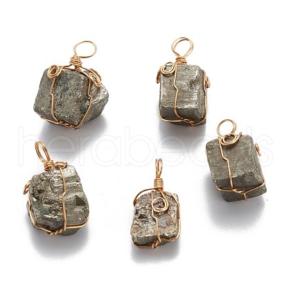 Cuboid Brass Natural Pyrite Pendants G-N0145-10-1
