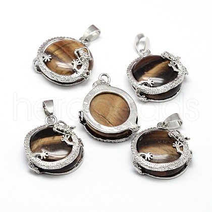 Flat Round with Dragon Platinum Tone Brass Natural Tiger Eye Pendants G-F228-24G-RS-1