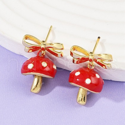 Mushroom with Bowknot Brass Enamel Dangle Stud Earrings EJEW-F895-25B-G-1