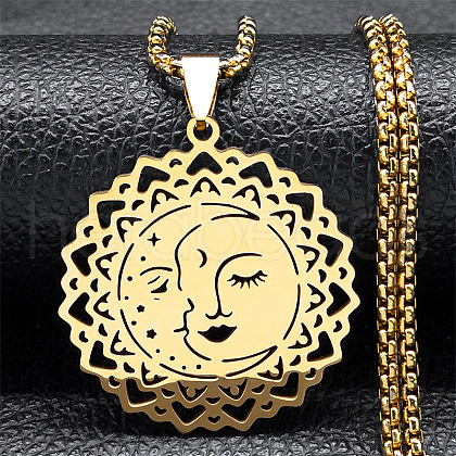 304 Stainless Steel Hollow Moon Star Flower Pendant Necklaces for Women NJEW-K283-35G-1