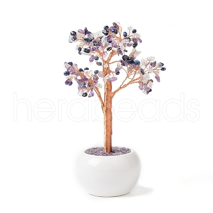 Natural & Synthetic Gemstone Chips with Brass Wrapped Wire Money Tree on Ceramic Vase Display Decorations DJEW-B007-02D-1