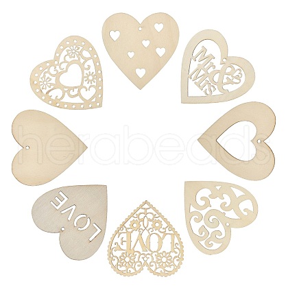 40Pcs 8 Style Wedding Theme Unfinished Wood Heart Pendant Decorations WOOD-CJ0002-06-1