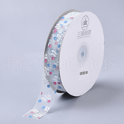 Flower Pattern Printed Polyester Organza Ribbons ORIB-Q034-04-1