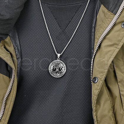 304 Stainless Steel Flat Round with Tree of Life Pendant Necklaces FS-WG13B06-01-1