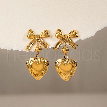 Bowknot with Heart 304 Stainless Steel Dangle Stud Earrings EJEW-M065-03G-1