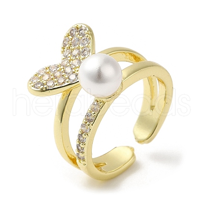Heart Brass Micro Pave Cubic Zirconia Open Cuff Ring for Women RJEW-F154-03G-A-1