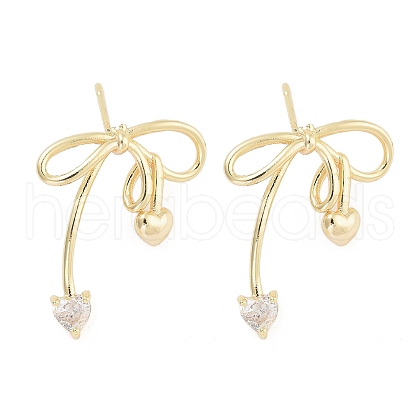 Heart Bowknot Brass Pave Clear Cubic Zirconia Stud Earrings for Women EJEW-S216-02A-G-1