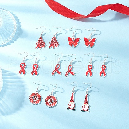 7Pcs 7 Styles Awareness Ribbon Theme Alloy Enamel Dangle Earrings EJEW-JE06455-1