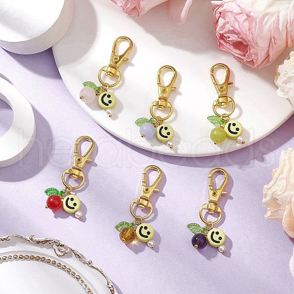 6Pcs Smiling Face Acrylic & Natural Lemon Jade & Quartz & Amethyst & Rose Quartz & Quartz Crystal & Dyed Malaysia Jade Pendant Decorations HJEW-JM03151-1