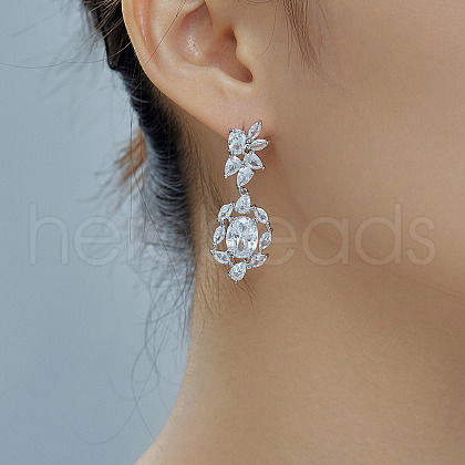 Elegant and Simple Brass Clear Cubic Zirconia Flower Tassel Stud Earrings GP2120-1-1