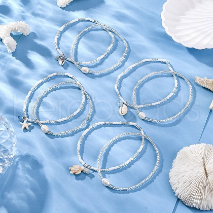 8 Styles Summer Natural Pearl & Round Glass Seed Beaded Stretch Anklets AJEW-AN00670-1