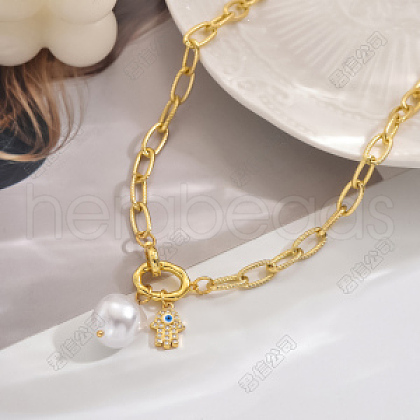 Elegant Brass Micro Pave Clear Cubic Zirconia & Imitation Pearl Pendant Necklaces for Women OE0683-2-1