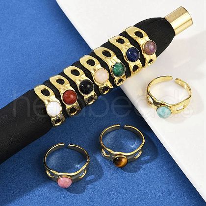 316 Stainless Steel with Natural Mixed Gemstone Cuff Rings RJEW-Z098-01G-05-1