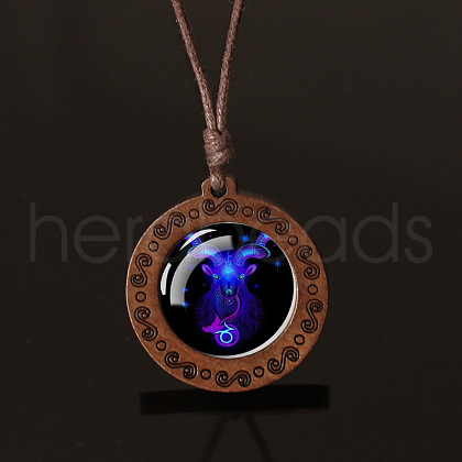 Flat Round with Twelve Constellations Blue Glass & Wood Pendant Waxed Leather Cord Necklace for Women Men WG486C3-10-1