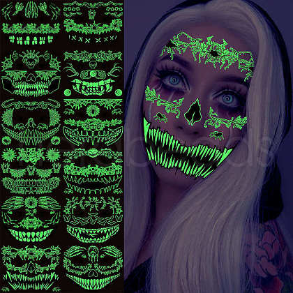 12Pcs 12 Style Luminous Halloween Horror Removable Temporary Tattoos Paper Face Stickers AJEW-G048-07-1