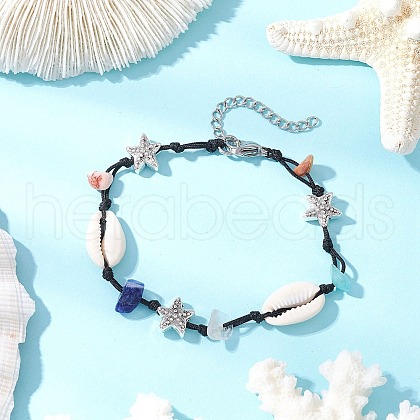Natural & Synthetic Gemstone Chip Beads & Cowrie Shell Beads Braided Bead Bracelets BJEW-JB11834-02-1