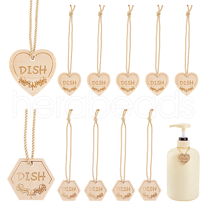24Pcs 2 Styles Heart/Hexagon with Word Dish Wood Pendant Decorations HJEW-GA00006-1