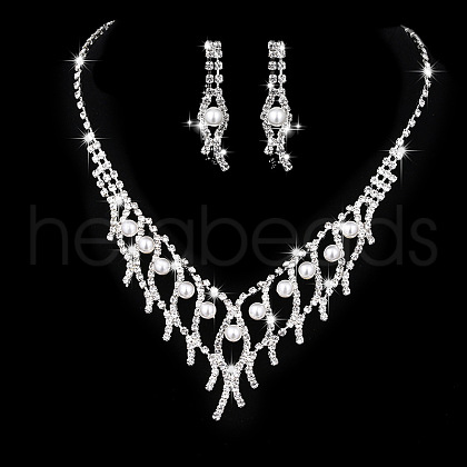 Horse Eye Alloy Crystal Rhinestone & Plastic Pearl Chain Necklaces & Stud Earrings Sets FS-WG3003B-02-1