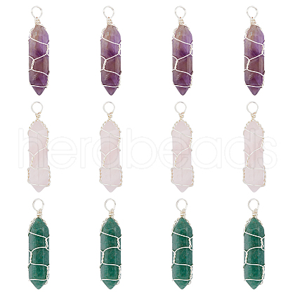 HOBBIESAY 4 Sets Natural Amethyst & Green Aventurin & Rose Quartz Double Terminal Pointed Pendants G-HY0001-40-1