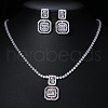 Square Brass Micro Pave Clear Cubic Zirconia Pendant Necklaces & Stud Dangle Earrings Sets FS-WG98D1F-01-1