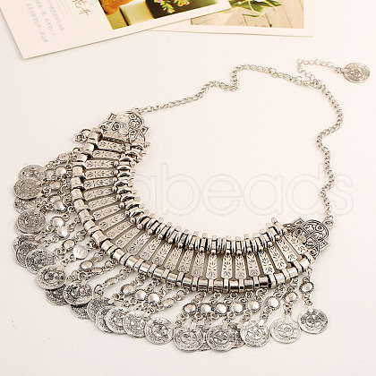 Tibetan Style Zinc Alloy Coin Tassel Chunky Bib Necklaces for Women FS-WG2495A-01-1