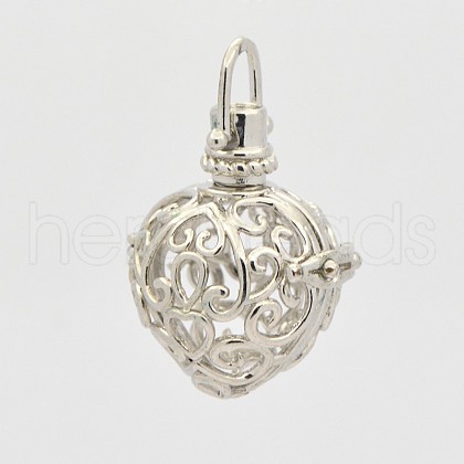 Filigree Heart Brass Cage Pendants KK-D389-02P-1