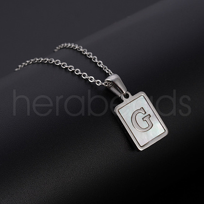 Rectangle Stainless Steel Pave Natural White Shell Pendant Necklaces FS-WG3D812-07-1
