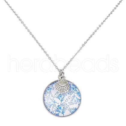 Steel Blue Glass Flat Round & Alloy Pendant Necklace NJEW-JN04453-01-1