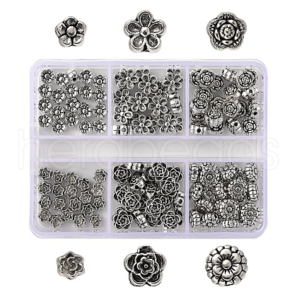 120Pcs 6 Style Tibetan Style Alloy Flower Beads TIBE-YW0001-26-1