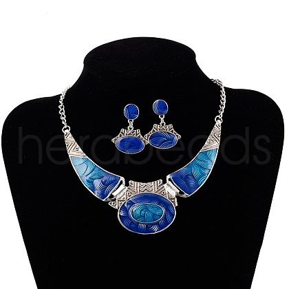 Oval Alloy Enamel Pendant Necklaces & Stud Dangle Earrings Sets FS-WG2BB22-01-1