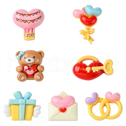 7Pcs 7 Styles Ring/Box/Lock/Envelope/Bear/Balloon/Hot Air Balloon Valentine's Day Theme Opaque Resin Decoden Cabochons RESI-FS0001-69-1