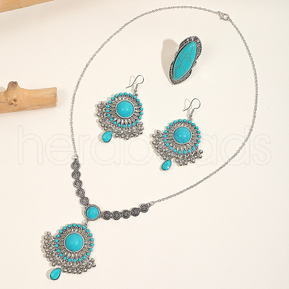 Bohemian Style Fan Alloy & Synthetic Turquoise Earrings & Necklaces & Cuff Sets WG86A2C-07-1