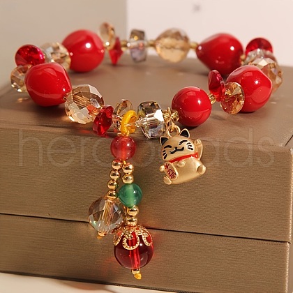 Teardrop & Fortune Cat Alloy Glass Charm Bracelets FS-WG2F667-01-1
