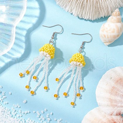 Glass Seed Beaded with Acrylic Beads & Glass Pearl Round Bead Jellyfish Dangle Earrings EJEW-MZ00435-01-1