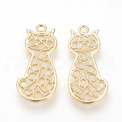 Brass Filigree Kitten Pendants KK-R058-062G-1