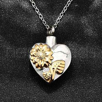 304 Stainless Steel Heart Sunflower Cinerary Casket Pendant Necklaces NJEW-V002-03GP-1