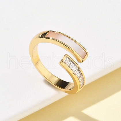 Brass Micro Pave Cubic Zirconia with Shell Cuff Rings RJEW-Z101-02G-1