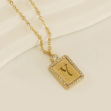 304 Stainless Steel Micro Pave Clear Cubic Zirconia Rectangle with Hollow Letter Pendant Necklaces FS-WGAE794-02-1