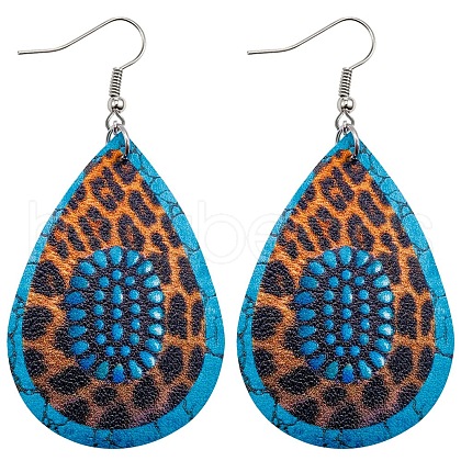 Imitation Leather Teardrop with Leopard Print Dangle Earrings BOHO-PW0001-004C-1