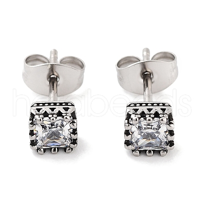 Square 316 Surgical Stainless Steel Pave Cubic Zirconia Stud Earrings for Women Men EJEW-Z050-05A-AS-1