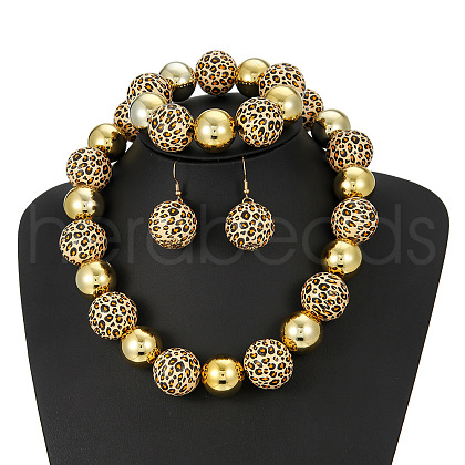 Alloy & Wood & CCB Plastic Round Beaded Necklaces & Dangle Earrings & Bracelets Sets FS-WG87320-01-1