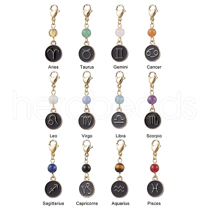 12Pcs Alloy Enamel Flat Round with 12 Constellations Pendant Decorations HJEW-JM02528-1