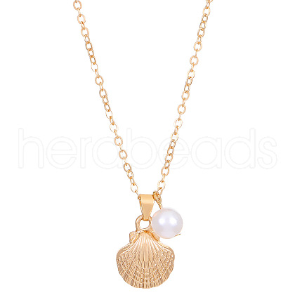 Shell Shape Alloy & Round Plastic Imitation Pearl Pendant Necklaces for Women FS-WG40A88-08-1