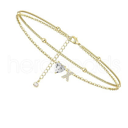 Heart & Letter Brass Crystal Rhinestone Charm Double Layer Anklets FS-WG6749C-24-1