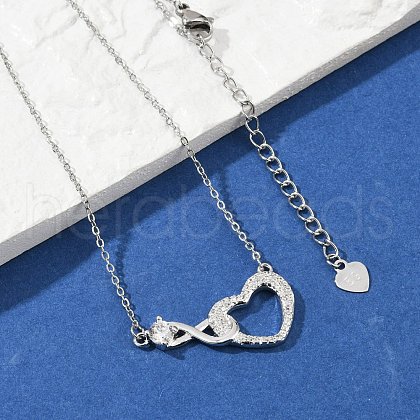 Brass Pave Clear Cubic Zirconia Infinity Heart Pendant Nceklaces for Women NJEW-V011-01P-1